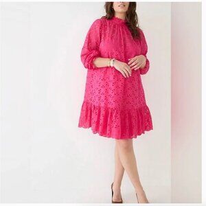 J. Crew hot pink eyelet embroidered long sleeve drop hem dress